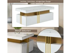 Mesa de centro moderna com 2 gavetas em folheado de mármore branco, bordas laterais em metal dourado