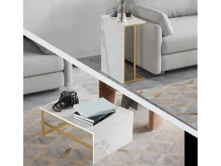 Mesa de centro moderna com armazenamento de camada dupla - Design de canto arredondado anticolisão, tampo grande de 105 cm com prateleiras de armazenamento abertas