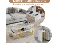 Mesa de centro moderna com armazenamento de camada dupla - Design de canto arredondado anticolisão, tampo grande de 105 cm com prateleiras de armazenamento abertas