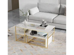 Mesa de centro moderna com armazenamento de camada dupla - Design de canto arredondado anticolisão, tampo grande de 105 cm com prateleiras de armazenamento abertas