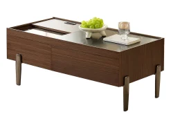 Mesa de centro moderna com 2 gavetas e tampo de vidro - 105 x 50 x 41,5 cm - pés de metal - MDF + vidro - marrom escuro