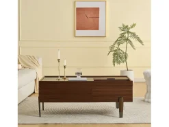 Mesa de centro moderna com 2 gavetas e tampo de vidro - 105 x 50 x 41,5 cm - pés de metal - MDF + vidro - marrom escuro