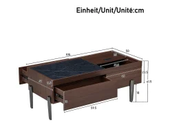 Mesa de centro moderna com 2 gavetas e tampo de vidro - 105 x 50 x 41,5 cm - pés de metal - MDF + vidro - marrom escuro