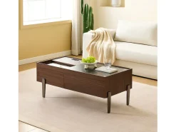 Mesa de centro moderna com 2 gavetas e tampo de vidro - 105 x 50 x 41,5 cm - pés de metal - MDF + vidro - marrom escuro