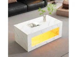 Mesa de centro moderna com acabamento laqueado brilhante - 100,5 x 50,5 x 50 cm - mesa de centro com efeito mármore e iluminação LED - aglomerado - branca