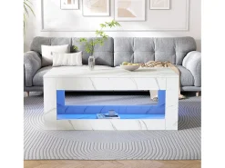 Mesa de centro moderna com acabamento laqueado brilhante - 100,5 x 50,5 x 50 cm - mesa de centro com efeito mármore e iluminação LED - aglomerado - branca