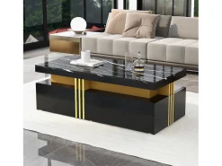 Mesa de centro moderna com 2 gavetas em folheado de mármore preto, bordas laterais em metal dourado