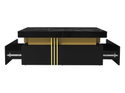 Mesa de centro moderna com 2 gavetas em folheado de mármore preto, bordas laterais em metal dourado