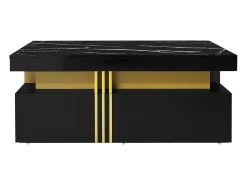 Mesa de centro moderna com 2 gavetas em folheado de mármore preto, bordas laterais em metal dourado