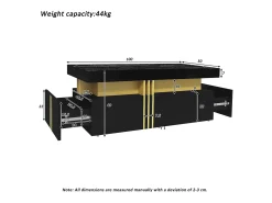 Mesa de centro moderna com 2 gavetas em folheado de mármore preto, bordas laterais em metal dourado