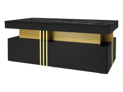 Mesa de centro moderna com 2 gavetas em folheado de mármore preto, bordas laterais em metal dourado