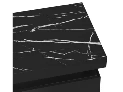 Mesa de centro moderna com 2 gavetas em folheado de mármore preto, bordas laterais em metal dourado