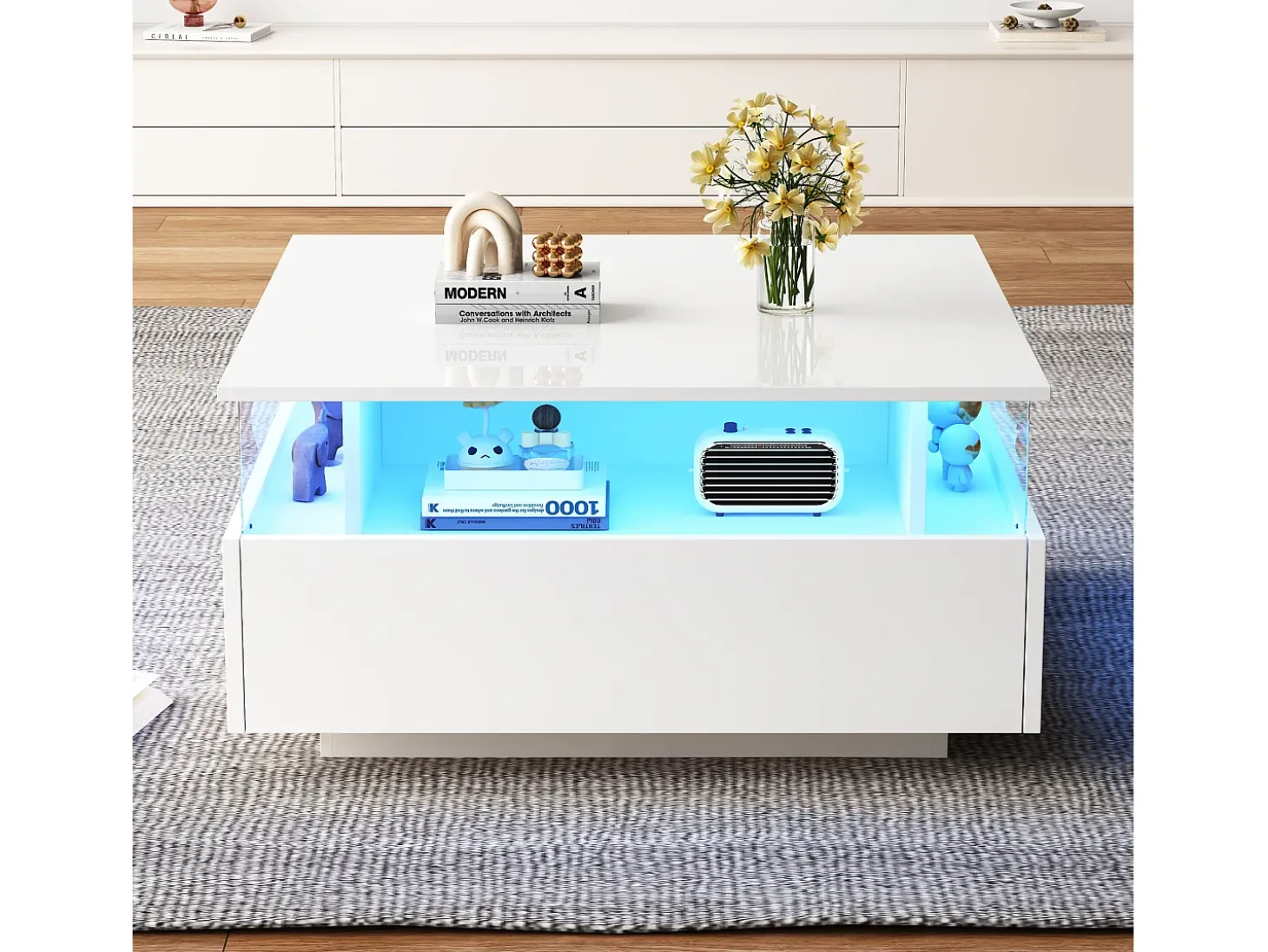 Mesa de centro moderna com 2 gavetas e espaço transparente - 70 x 70 x 41 cm - LEDs - Aglomerado - Branco brilhante
