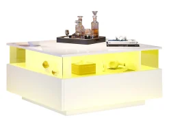 Mesa de centro moderna com 2 gavetas e espaço transparente - 70 x 70 x 41 cm - LEDs - Aglomerado - Branco brilhante