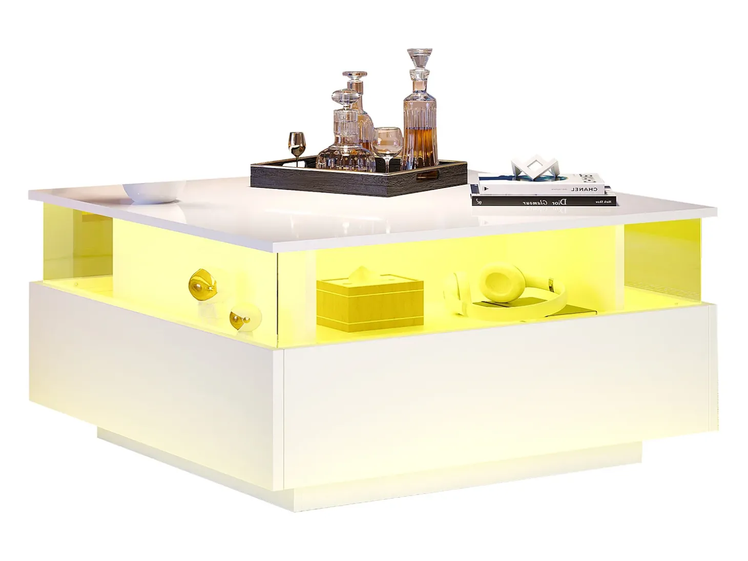 Mesa de centro moderna com 2 gavetas e espaço transparente - 70 x 70 x 41 cm - LEDs - Aglomerado - Branco brilhante