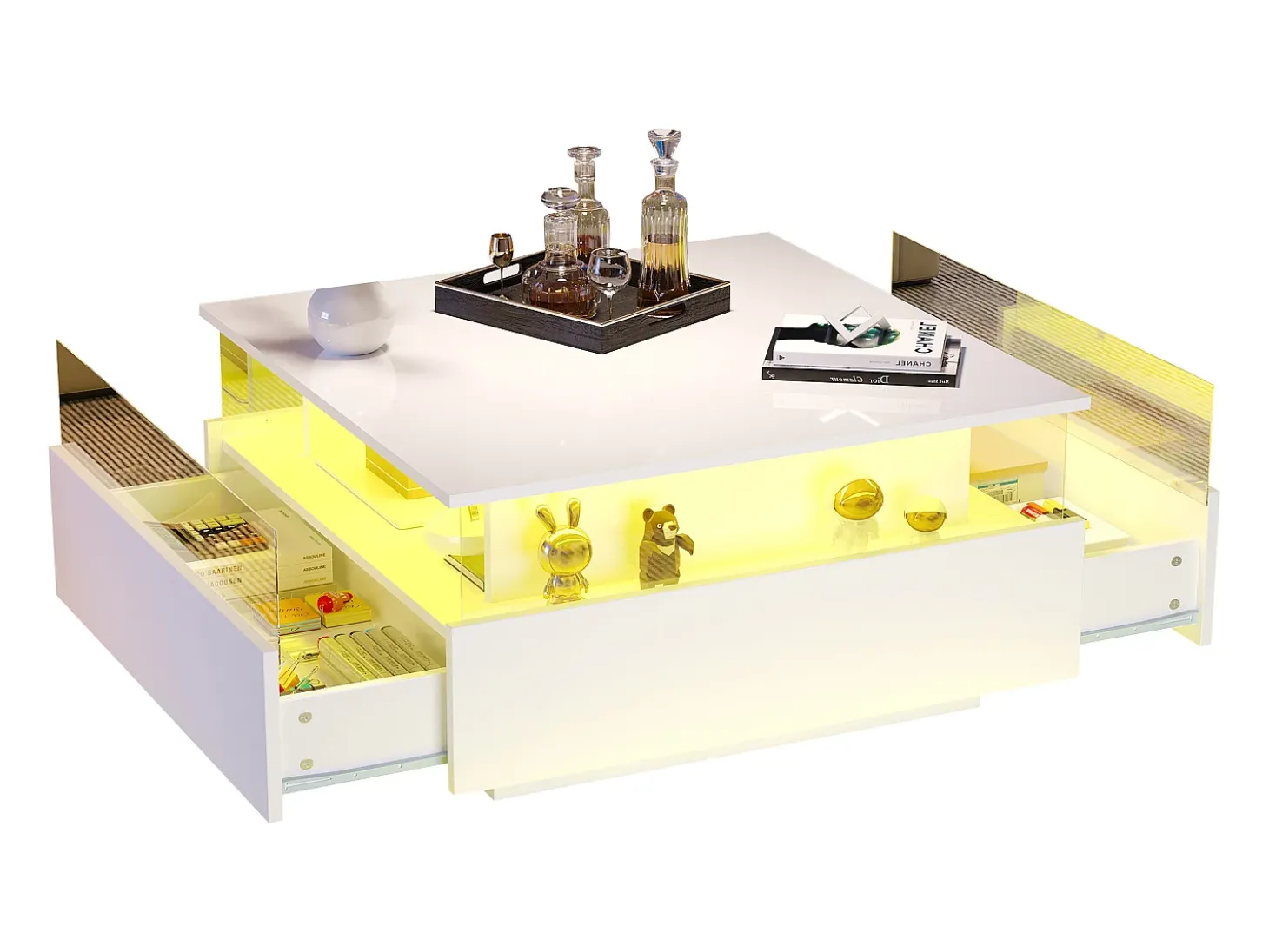 Mesa de centro moderna com 2 gavetas e espaço transparente - 70 x 70 x 41 cm - LEDs - Aglomerado - Branco brilhante