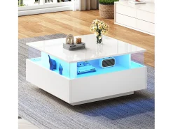 Mesa de centro moderna com 2 gavetas e espaço transparente - 70 x 70 x 41 cm - LEDs - Aglomerado - Branco brilhante