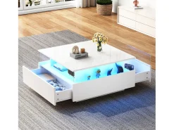 Mesa de centro moderna com 2 gavetas e espaço transparente - 70 x 70 x 41 cm - LEDs - Aglomerado - Branco brilhante