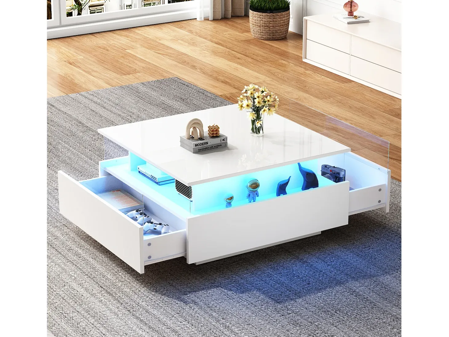 Mesa de centro moderna com 2 gavetas e espaço transparente - 70 x 70 x 41 cm - LEDs - Aglomerado - Branco brilhante