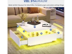 Mesa de centro moderna com 2 gavetas e espaço transparente - 70 x 70 x 41 cm - LEDs - Aglomerado - Branco brilhante