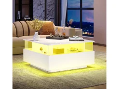 Mesa de centro moderna com 2 gavetas e espaço transparente - 70 x 70 x 41 cm - LEDs - Aglomerado - Branco brilhante