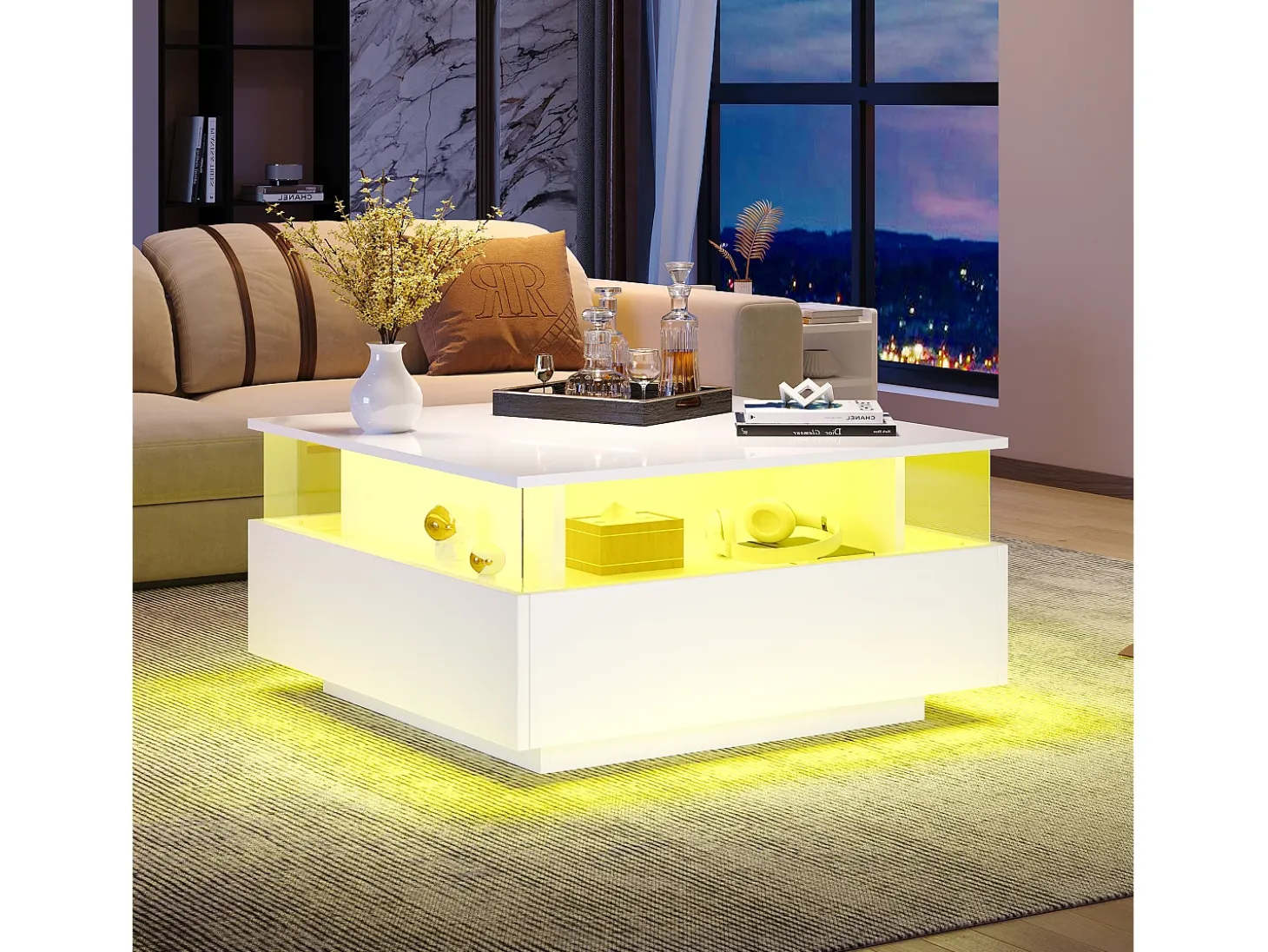 Mesa de centro moderna com 2 gavetas e espaço transparente - 70 x 70 x 41 cm - LEDs - Aglomerado - Branco brilhante