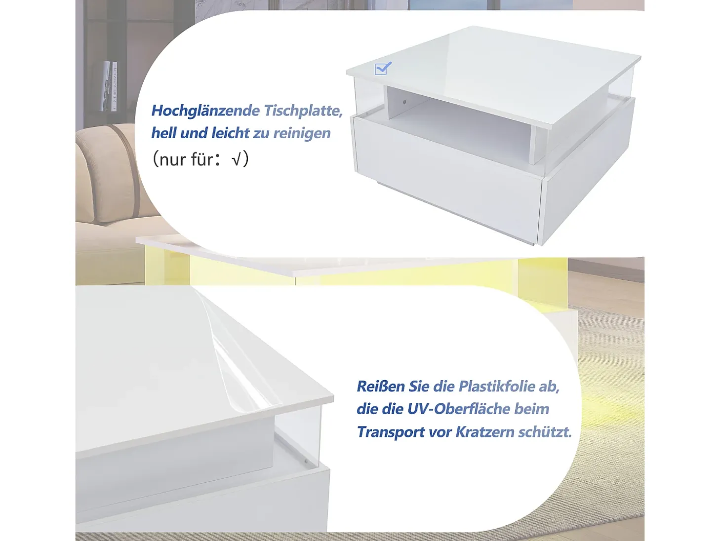 Mesa de centro moderna com 2 gavetas e espaço transparente - 70 x 70 x 41 cm - LEDs - Aglomerado - Branco brilhante