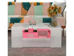 Mesa de centro moderna com acabamento laqueado brilhante - 95 x 53 x 37 cm - com 2 gavetas + 2 prateleiras - aglomerado - branca