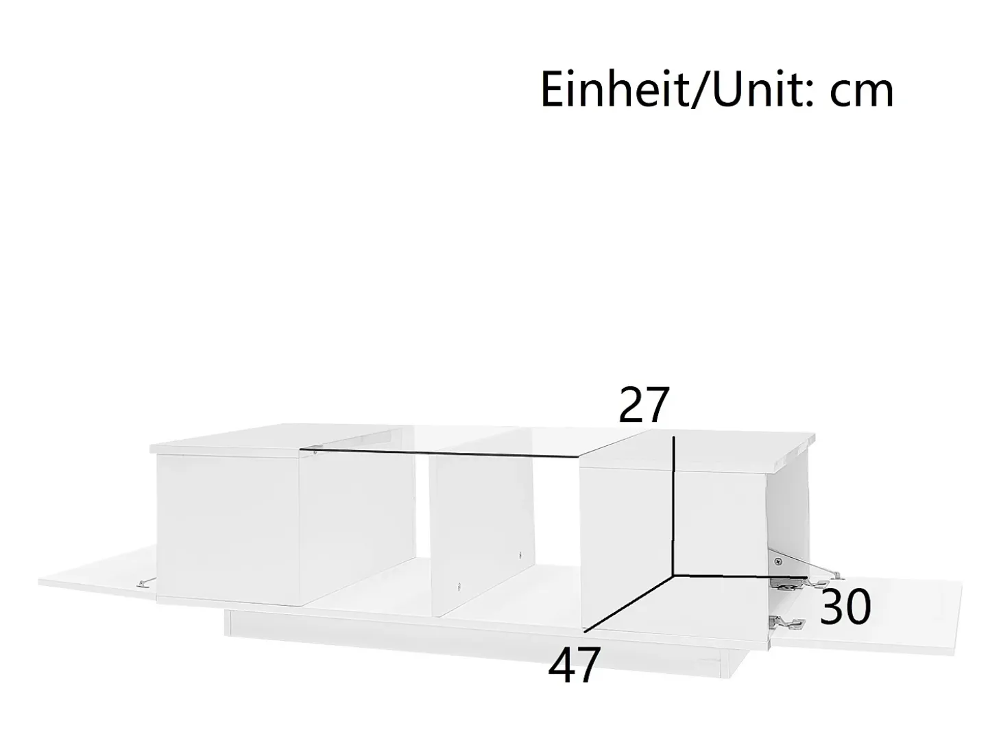 Mesa de centro moderna com 2 portas e 2 compartimentos - 120 x 50 x 38,5 cm - LEDs - Vidro, MDF, aglomerado - Branco brilhante