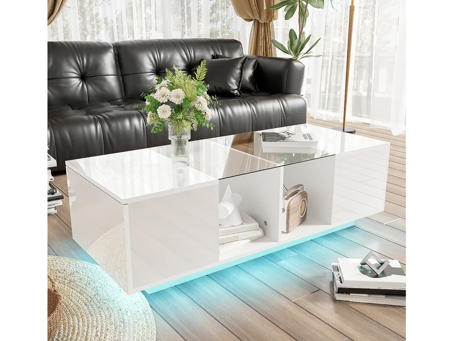 Mesa de centro moderna com 2 portas e 2 compartimentos - 120 x 50 x 38,5 cm - LEDs - Vidro, MDF, aglomerado - Branco brilhante