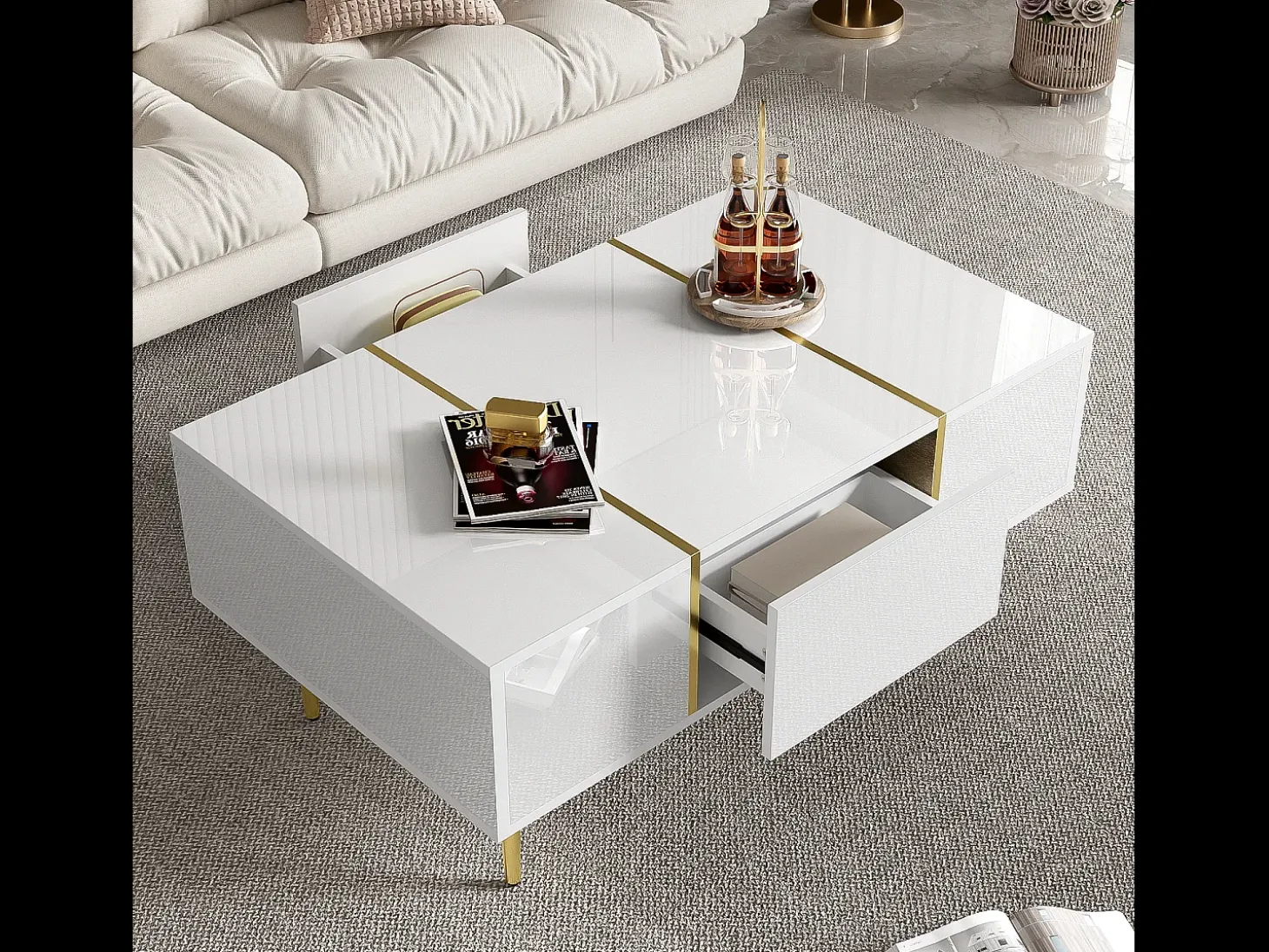 Mesa de centro moderna com 2 gavetas - 100 C x 60 L x 41,5 A cm - Madeira MDF - Branco brilhante