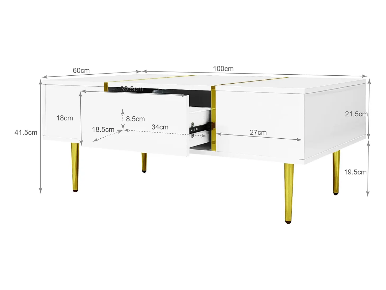 Mesa de centro moderna com 2 gavetas - 100 C x 60 L x 41,5 A cm - Madeira MDF - Branco brilhante