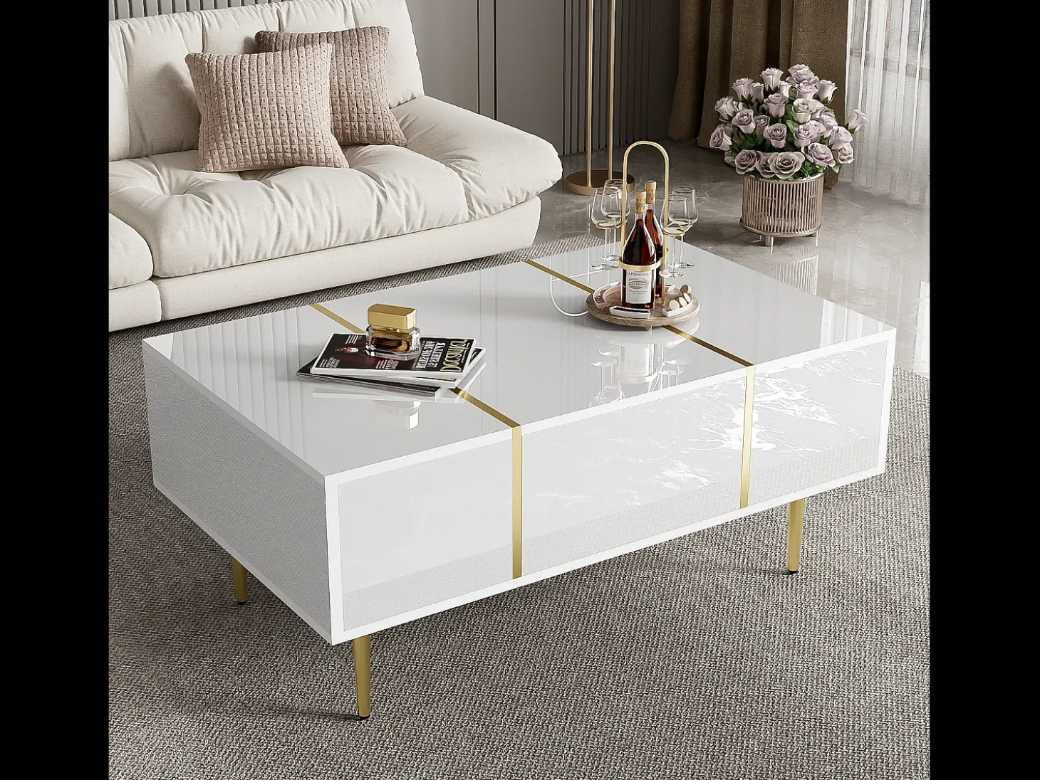Mesa de centro moderna com 2 gavetas - 100 C x 60 L x 41,5 A cm - Madeira MDF - Branco brilhante