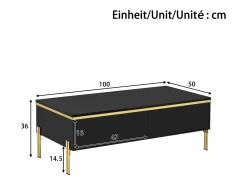 Mesa de centro moderna com acabamento laqueado brilhante - 100 x 50 x 36 cm - com 2 gavetas - em aglomerado - preta