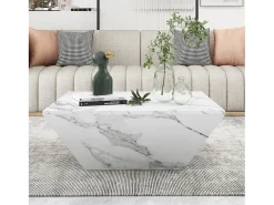 Mesa de centro moderna com 2 gavetas em folheado de mármore branco, formato trapezoidal