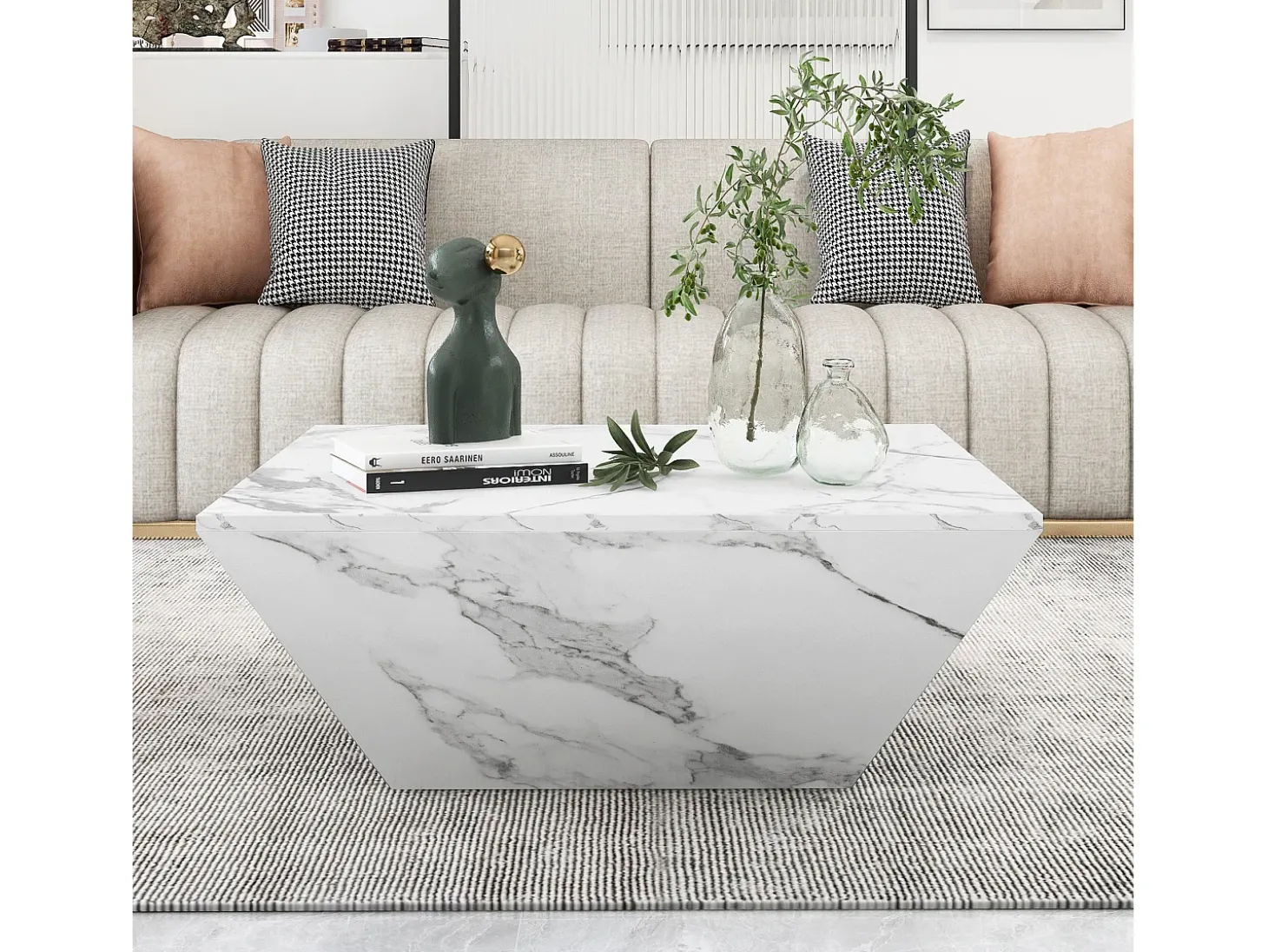 Mesa de centro moderna com 2 gavetas em folheado de mármore branco, formato trapezoidal