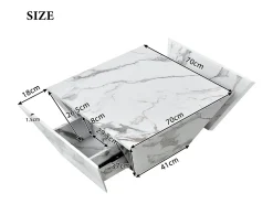 Mesa de centro moderna com 2 gavetas em folheado de mármore branco, formato trapezoidal