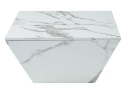 Mesa de centro moderna com 2 gavetas em folheado de mármore branco, formato trapezoidal