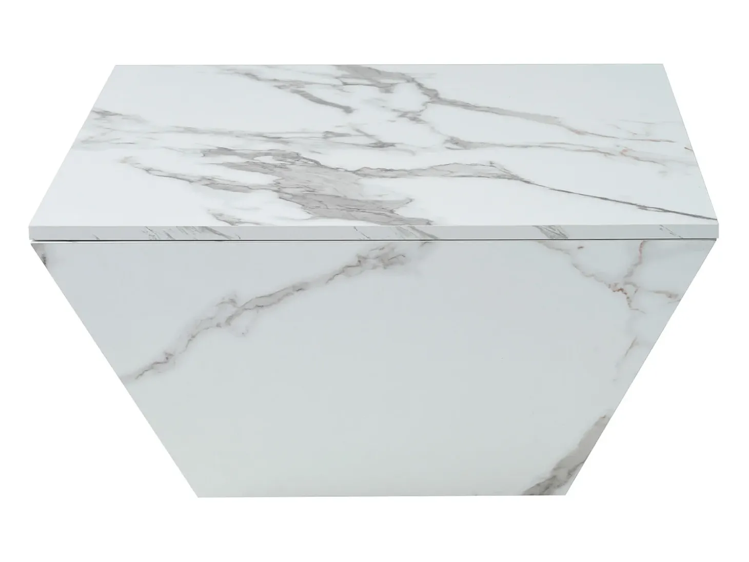 Mesa de centro moderna com 2 gavetas em folheado de mármore branco, formato trapezoidal