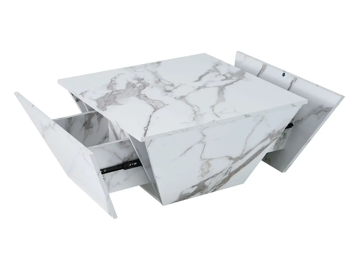Mesa de centro moderna com 2 gavetas em folheado de mármore branco, formato trapezoidal
