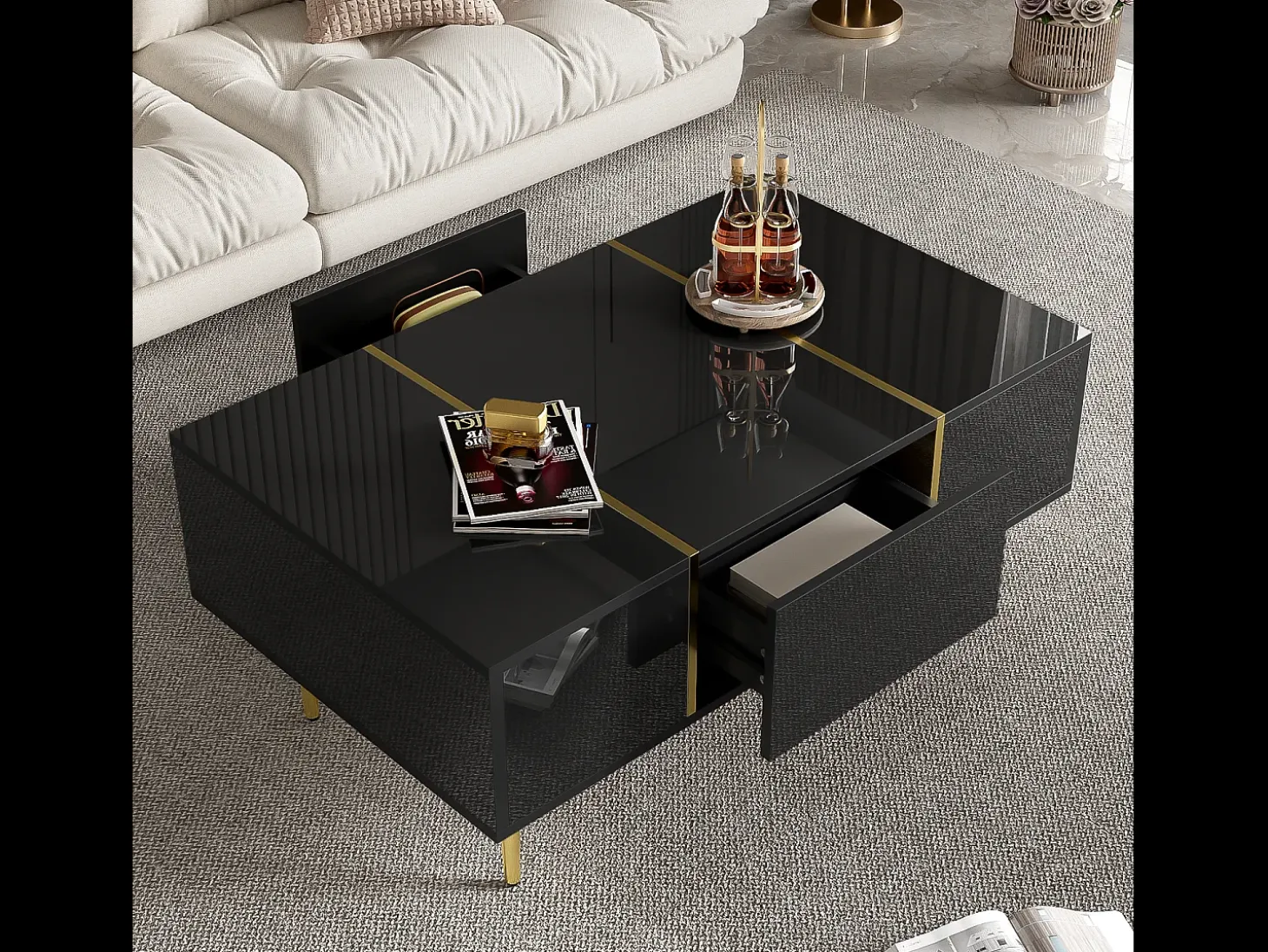 Mesa de centro moderna com 2 gavetas - 100 C x 60 L x 41,5 A cm - Madeira MDF - Preto brilhante