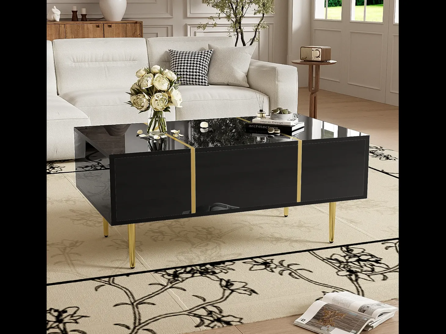 Mesa de centro moderna com 2 gavetas - 100 C x 60 L x 41,5 A cm - Madeira MDF - Preto brilhante