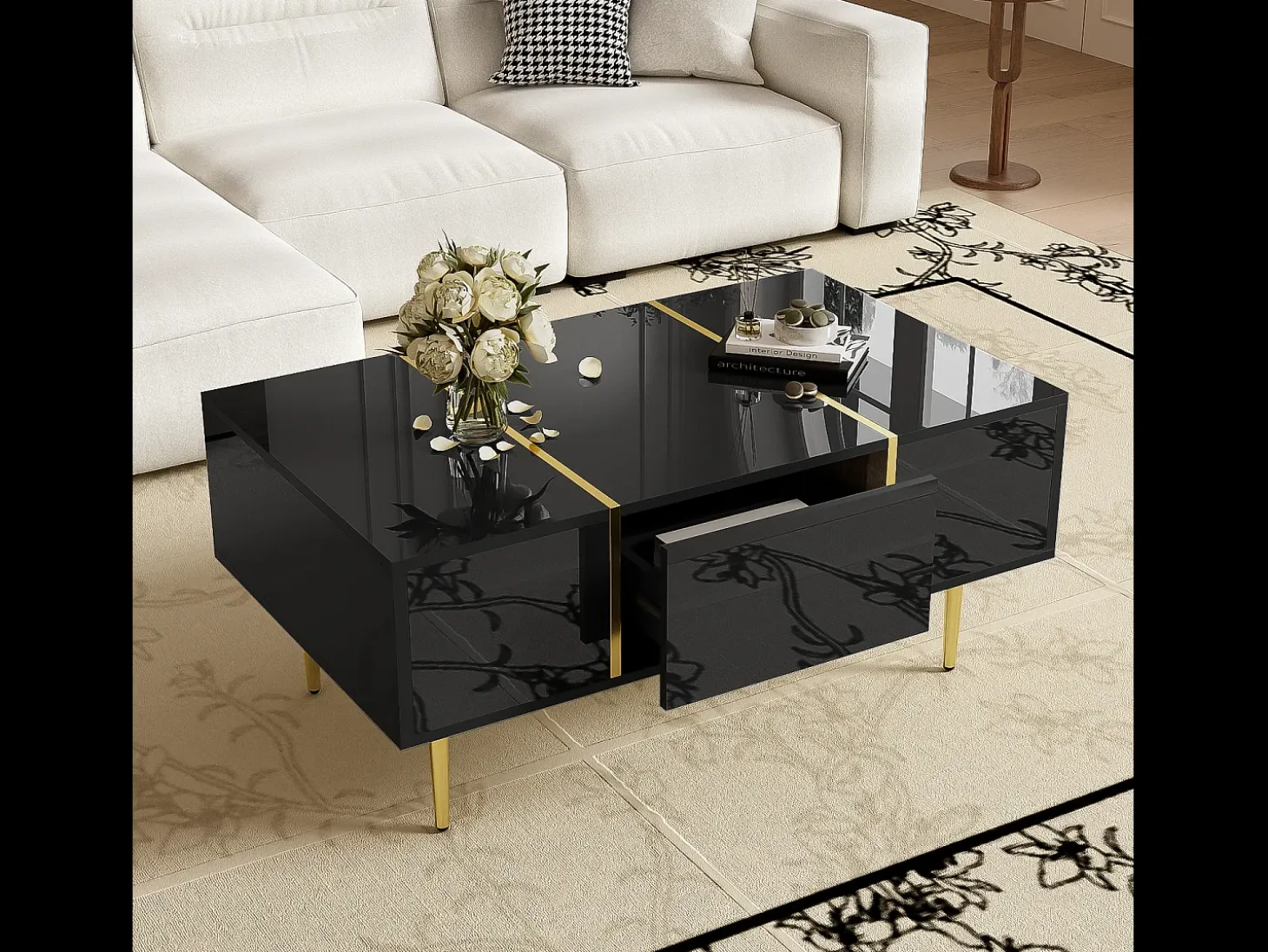 Mesa de centro moderna com 2 gavetas - 100 C x 60 L x 41,5 A cm - Madeira MDF - Preto brilhante