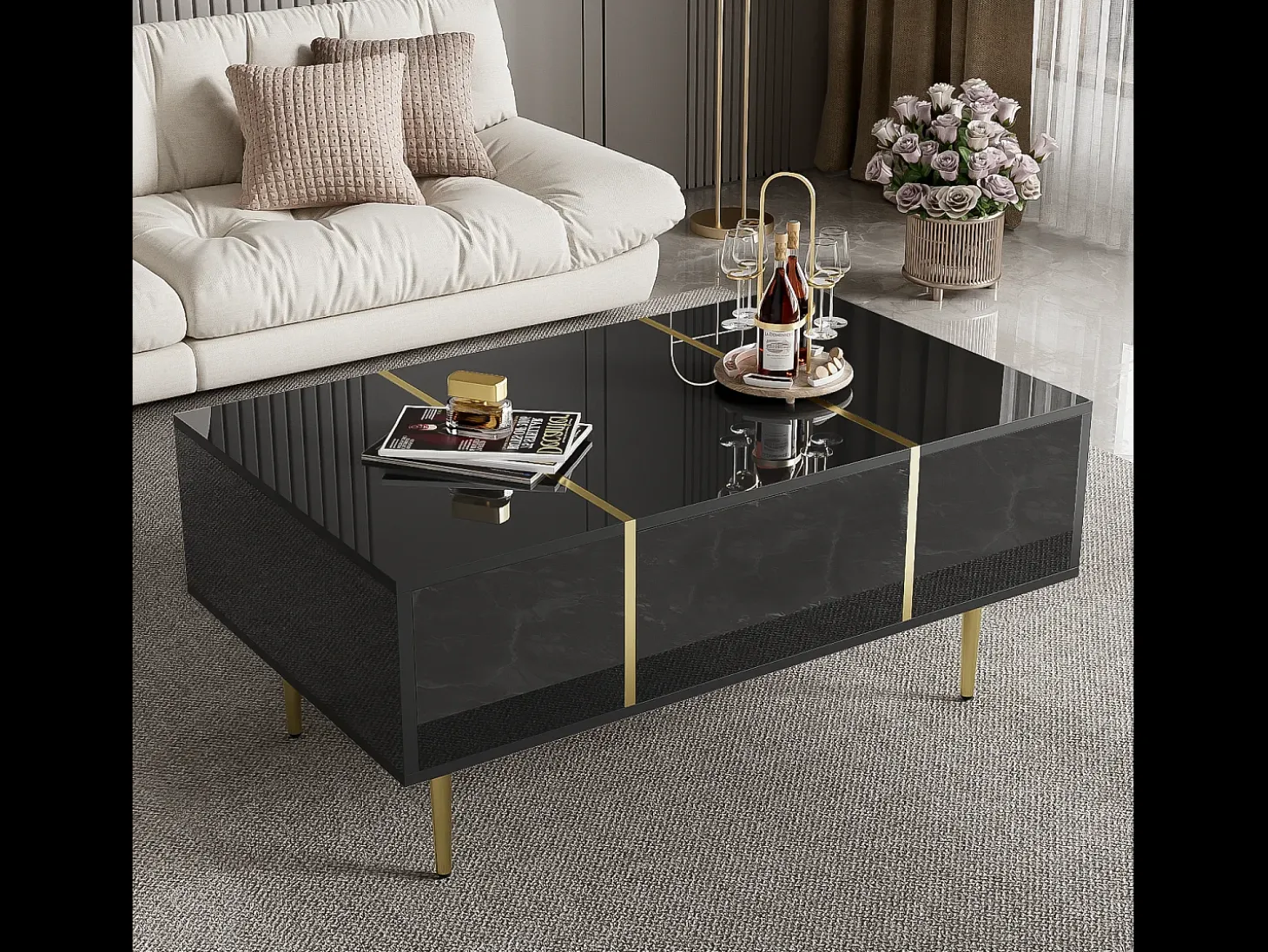 Mesa de centro moderna com 2 gavetas - 100 C x 60 L x 41,5 A cm - Madeira MDF - Preto brilhante
