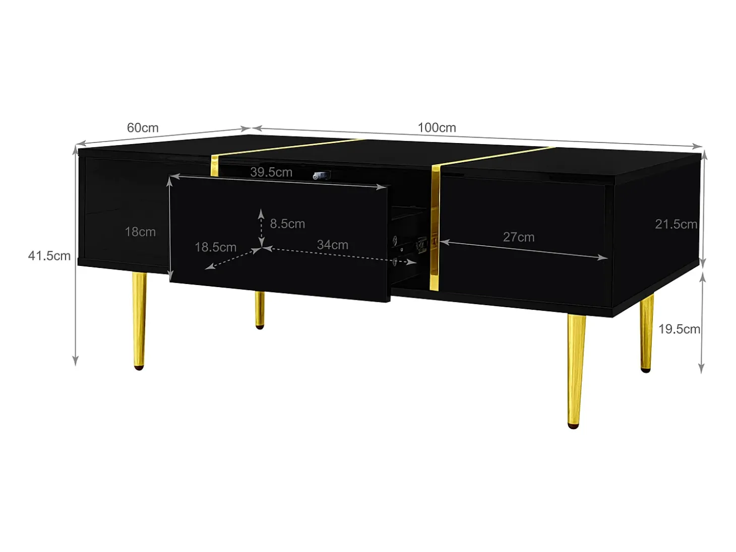 Mesa de centro moderna com 2 gavetas - 100 C x 60 L x 41,5 A cm - Madeira MDF - Preto brilhante