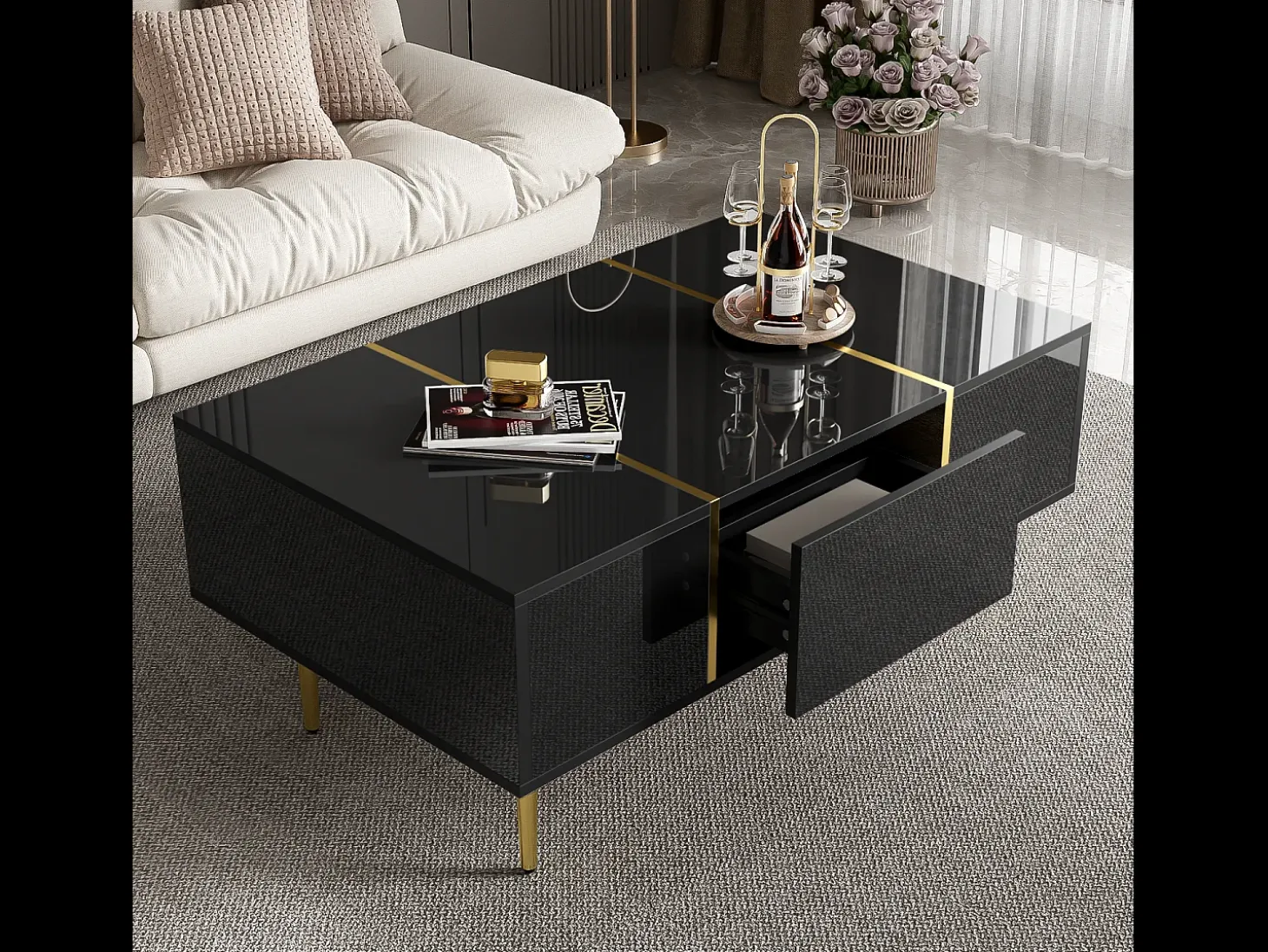 Mesa de centro moderna com 2 gavetas - 100 C x 60 L x 41,5 A cm - Madeira MDF - Preto brilhante
