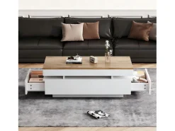 Mesa de centro moderna com acabamento laqueado brilhante - 100 x 50 x 35 cm - com 2 gavetas + LEDs - aglomerado - branco + natural
