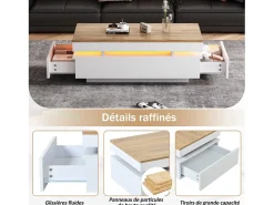 Mesa de centro moderna com acabamento laqueado brilhante - 100 x 50 x 35 cm - com 2 gavetas + LEDs - aglomerado - branco + natural