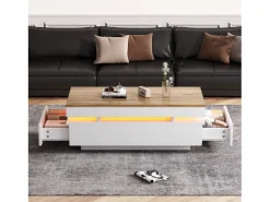 Mesa de centro moderna com acabamento laqueado brilhante - 100 x 50 x 35 cm - com 2 gavetas + LEDs - aglomerado - branco + natural