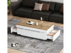 Mesa de centro moderna com acabamento laqueado brilhante - 100 x 50 x 35 cm - com 2 gavetas + LEDs - aglomerado - branco + natural